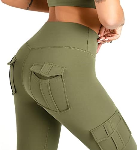 Leggings de ioga de carga feminina com 4 bolsos de alta cintura Controle de barriga Trenam Workout calça calças de