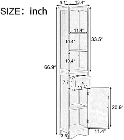 Armário de armazenamento de banheiro alto Merax, torre de linho com prateleiras ajustáveis, gaveta e porta, slim, 13,4 l x 9.1''w x