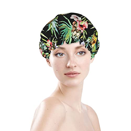 Mulheres reutilizáveis ​​Cha cabelo estriado Cha cabelo tropical Havaí aquarela de abacaxi hibiscus camadas duplo camadas à prova d'água touca de banho de banho