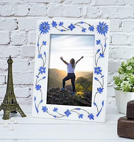 Quadro de imagem de foto crocon quadro de mármore branco 6x8 polegadas Big Blue Flor com Mãe de Peals Frame Frame para uma bela mesa Decorativa Item | Sala de estar e decoração de casa | Melhor presente para mamãe