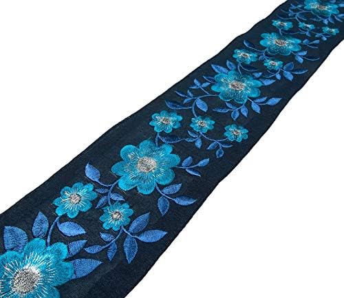 IBA IndianBeautiflart Blue Floral Trim Tak Fabric Chaços para artesanato Craft de costura Diy por 3 jardas-3 polegadas