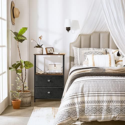 Songmics Nightstand, mesa de cabeceira industrial com 2 gavetas de tecido, prateleiras de armazenamento, torre de armazenamento