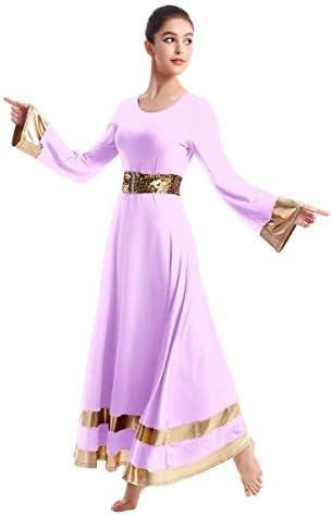 Vestido de dança de louvor metálico feminino sino de manga longa de longa saia de túnica litúrgica+traje de adoração da cintura