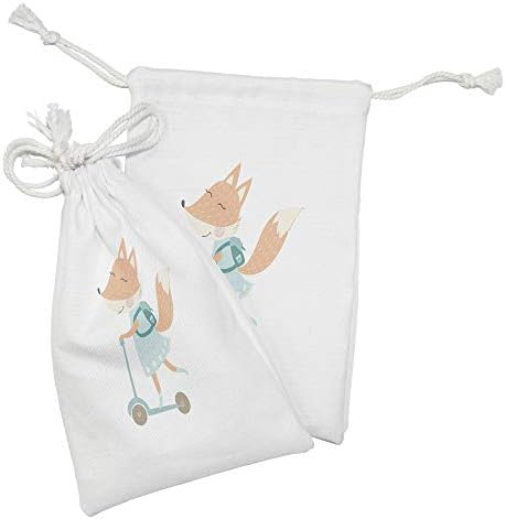 Conjunto de bolsas de tecido de raposa de Ambesonne de 2, animal feliz com bolsa em uma scooter, pequena bolsa de cordão para máscaras e favores, 9 x 6, rosa rosa rosa