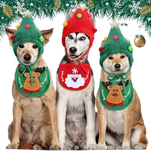 Lauwell 4 PCs Trajes de animais de estimação de cão de Natal incluem 2 chapéu de árvore de Natal Chapeiro de cachorro pequeno