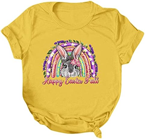 Camisetas de manga curta da Páscoa feminino com estampa de coelho de coelho