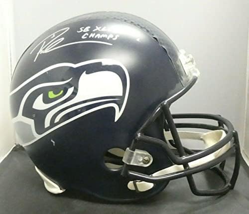 Russell Wilson assinou o Seattle Seahawks em tamanho real Super Bowl Capacete de futebol - capacetes autografados da NFL