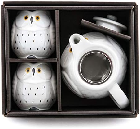Happy Sales Hsts-awlwht, panela de chá em estilo japonês com filtro e 2 xícaras de chá, coruja branca
