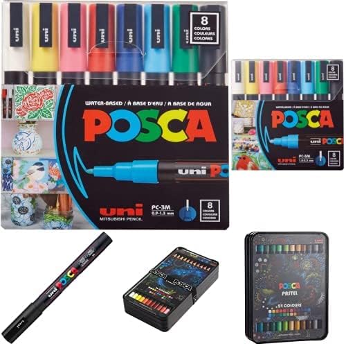 Conjunto de marcadores de tinta de 8 cores POSCA, ponto fino PC-3M + 8 cores PC-5m Medium + Calor Oil e Pastéis Baseados em Cera, 24 Cores + Óleo e Lápis à base de Cera, 36 cores + caneta com ponta fina, preto 1ct