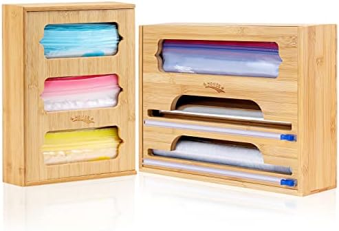 Organizador de saco de ziplock Homde, bambu, papel alumínio e organizador de plástico com cortador para gaveta de cozinha, armazenamento de saco de plástico para galão, quart, sanduíche, lanche