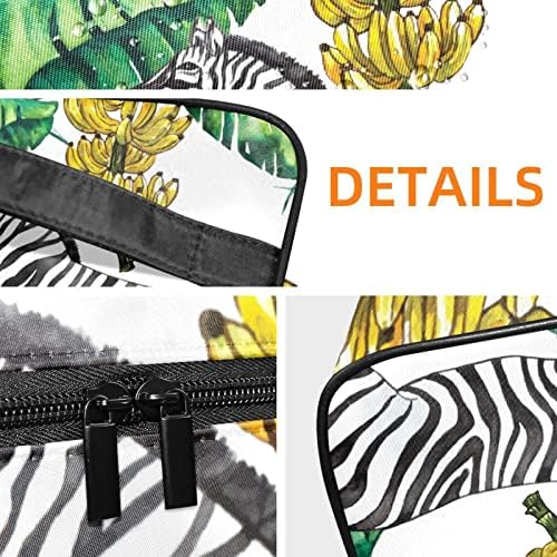 Saco de maquiagem pequeno, organizador cosmético da bolsa com zíper para mulheres e meninas, folhas tropicais de banana zebra