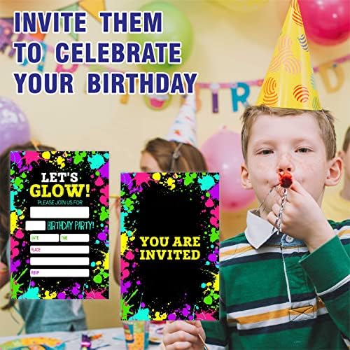 Let's Glow Birthday Party Invitation, Glow Neon Invite Cards （20 contagem) com envelopes, preencha cartões de convidado de estilo para meninos, meninas, crianças, material de festa de aniversário-A34