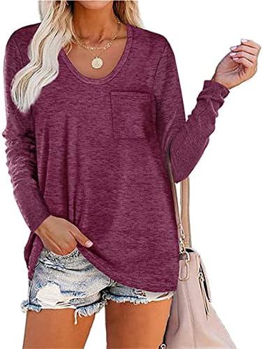 DGKAXIYAHM Mulheres Crewneck Stripe bolsões de mangas compridas túnica outono de inverno redondo colorinho relaxado Pullover de cor sólida