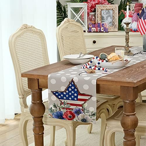 Arkeny 4 de julho Patriótico Table Runner 72 polegadas Dots brancos Estrela floral American Independence Day Holida Home Tabel