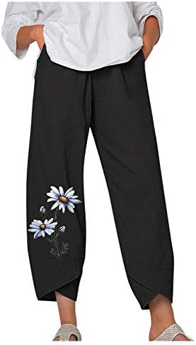 Calças de linho feminino, cintura alta perna larga Palazzo Yoga Capris Summer Summer Butterfly Print Trendy Cropped