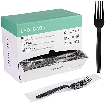 Laojbaba Plástico Fork descartável Forks Individualmente Packaged Blacks de 7 polegadas de 7 polegadas Finers, super