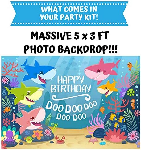 Kit de decorações para festas de aniversário de tubarão - 124 peças de festas com tema de tubarão para meninos | Os favores do partido incluem kit de tabela descartáveis/reutilizáveis, cenário fotográfico de 3 'x 5', banner de feliz aniversário, bandanas de festa de tubarão e balões | S
