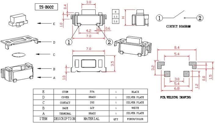 50pcs 3 * 6 * 3.5/3,8h Pressione o interruptor tato smd/smt 2 pinos sem interruptor de botão de push da coluna -