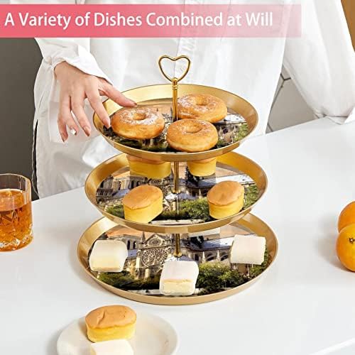 3 Placa de fruta de cupcakes de 3 camadas de sobremesa Plástico para servir suporte de exibição para casamento de aniversário Decorações de chá de chá de chá de bebê redondo, Notre Dame Sunrise