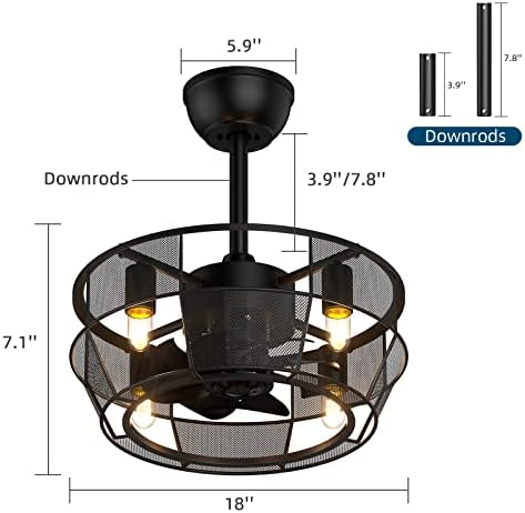 ALESCU 18 '' Fazeador de teto da casa de fazenda com fã de teto sem lâmina preto industrial leve e enjaulado, Motor