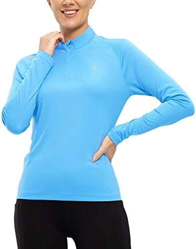Camisas pólo de manga longa de BGOWATU para mulheres, UPF 50+ Proteção solar Camisas atléticas, 1/4 de guarda acelerada