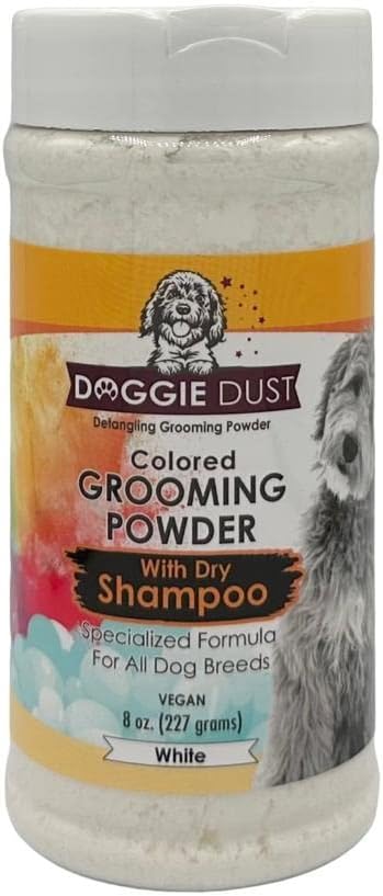 Doggie poeira colorida em pó com shampoo seco para facilitar a escovação de tapetes e emaranhados de cachorro, brancos 8oz