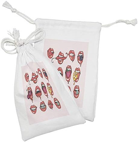Conjunto de bolsas de tecido de lábios de Ambesonne de 2, lábios carnudos e carnudos, morando dentes de língua perfurada com aparelhos