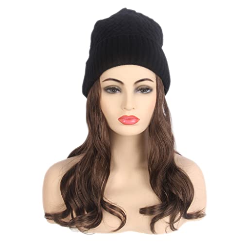 Cabelo comprido feminino com capuz com chapéu de malha preto peruca longa peruca castanho cache