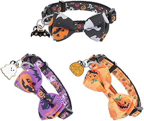 Halloween Birche Trey Cat Collars, 3 pacote de colares de gatinho ajustáveis ​​com pingente e sino, colar de morcegos fantasmas