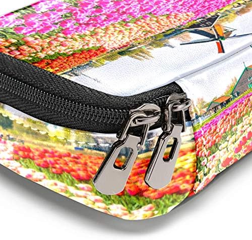 Campos de flores e bolsa de caneta de lápis de couro de moinho de vento com bolsa de artigos de papelaria dupla com zíper para