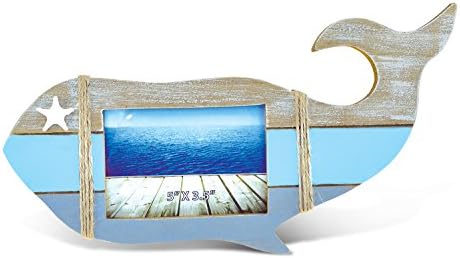 FORMA DE BALIEDADE NAUTICAL GLOBAL DE COTA 5X3.5 Frame - moldura de forma de baleia de madeira angustiada azul, moldura de imagem artesanal para mesa ou parede suspensa - 13,5 polegadas
