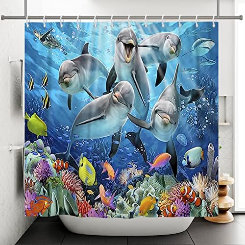 Cortinas de chuveiro de golfinhos subaquáticos para crianças, colorida vida marinha peixe recife de coral no oceano tropical fofo engraçado cortina de chuveiro de 72x72 polegadas de poliéster com ganchos
