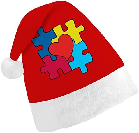 Autismo Consciência do coração Puzzim chapéu de natal Papai Noel Chapé Chegno curto com punhos brancos para homens Mulheres Decorações de festas de férias de Natal