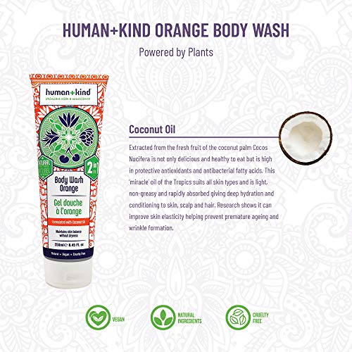 Humano+lavagem corporal gentil - sabão corporal natural e hidratante com óleo de coco - uma limpeza suave e suave para a pele seca e sensível - três aromas frescos: laranja, toranja e maçã e ervas - 8,45 oz