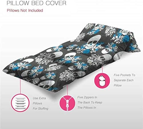 Padrão de cama de travesseiro de piso infantis com caveiras e rosas em cores brancas e azuis cinza Cama de chão em casa, tapete de dormir portátil para jogos de viagem de viagem, macios e confortáveis ​​26 x 88