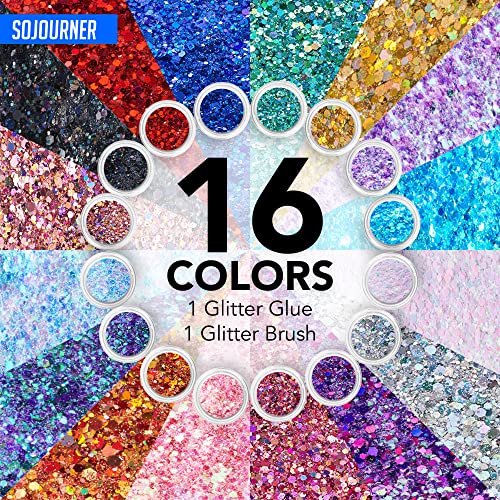 Glitter holográfico robusto I 16 cores + cola de glitter para maquiagem de brilho de rosto, cabelo, olho e sombra