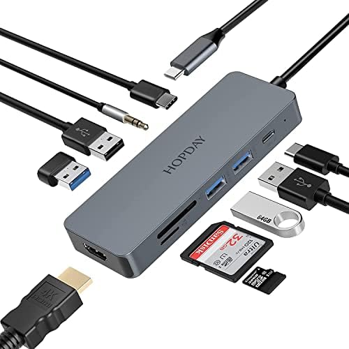 Hopday 10 em 1 USB C Hub, Adaptador USB C MacBook Pro/Air iPad Pro Adapter com saída 4K HDMI, compatível para laptop,