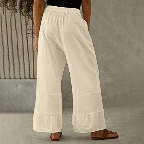 Calças de linho de algodão casual de verão para mulheres calças de perna lisada solta calças longas com bolsas de