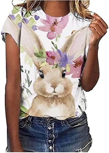 Camisas de Páscoa para mulheres fofas coelhos de coelho tees gráficos top redond round rushirt pullover de manga curta blusa
