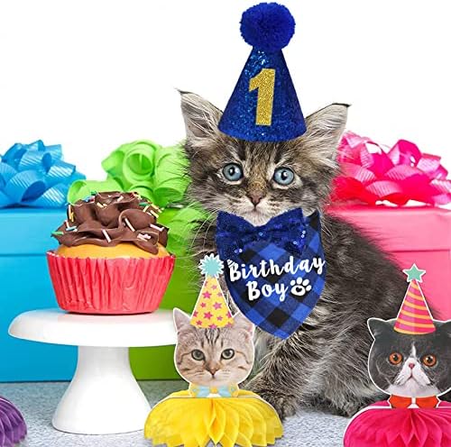 Mandes de festas de aniversário de gato JOTFA, xadrez de gatinhos de gato de gato de aniversário de boy bandana com gato de aniversário gato gato gravata borboleta Número de aniversário para decorações de aniversário de gatinho