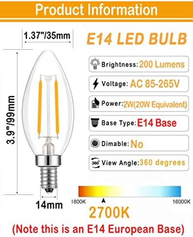 Lamsky E14 LED de parafuso europeu LED Filamento C35 Shape Bullet Top, 2W Branco quente 2700k, 20 watts equivalente incandescente,