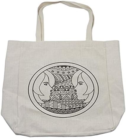 Bolsa de compras de Ambesonne Zodiac Gêmeos, design de círculo ornamental com padrões e 2 mulheres retratos, bolsa reutilizável