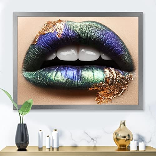 Designq Lábios femininos com batom verde e dentes modernos artes de parede emolduradas
