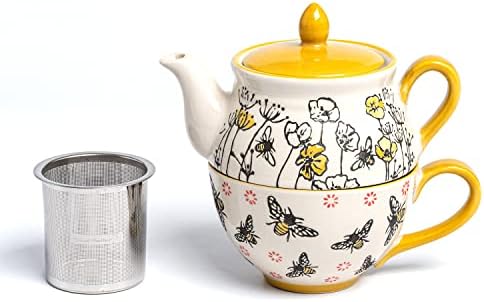 Taimei Teatime Ceramic Tea para um conjunto, bule de 15 onças com infusador e conjunto de xícara, bule de chá para um com abelha pintada à mão e padrão floral, conjunto de chá fofo para mulheres, conjunto de chá de folhas/chá de folhas soltas