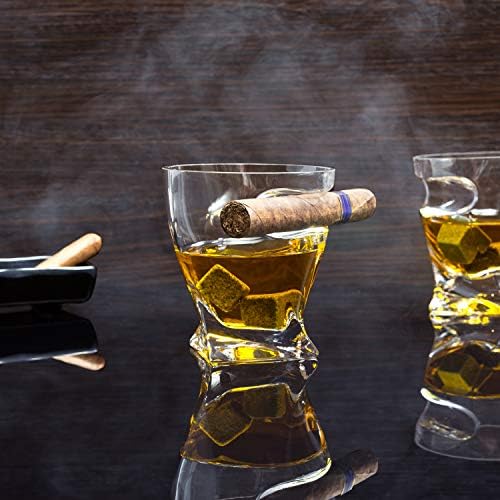 Bezrat Whisky Cigar Copos - Conjunto de 2 - Tumbler de uísque à moda antiga com suporte de charuto montado lateral - presente