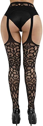 E-laurels Womens Alta cintura estampada de calça pescada suspensórios de meia-calça coxa altas meias pretas
