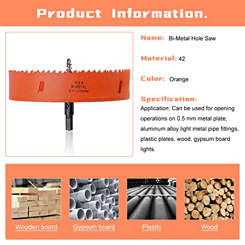 CPROSP 6-1/8 polegadas serra, 6,1 polegadas de 155 mm de orifício pesado, 1/4 de polegada de profundidade do cortador de orifício com hastes hastes adaptador de broca para fábricas de drywall plástico de madeira, laranja, laranja, laranja