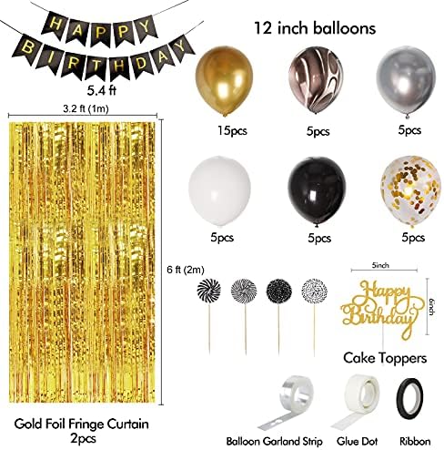 Decorações de festas de aniversário preto e dourado, 58 PCs Decorações de aniversário para homens Mulheres, balões de ouro preto Balões de mármore cortinas de ouro