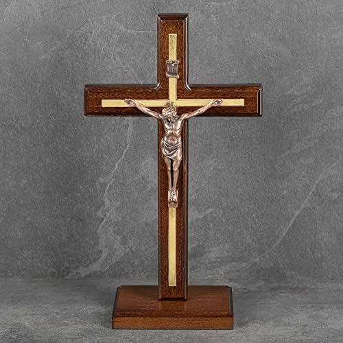 Crucifixo artesanal de Asterom - Cruz de madeira de mesa com suporte destacável - Crucifixo católico exclusivo em pé