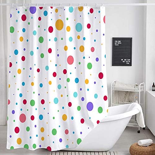 Cortina de chuveiro de arco -íris infantis para banheiro, colorido conjunto de cortinas de chuveiro de tecido de bolinhas geométricas geométricas, acessórios brancos de decoração de banheiros modernos com ganchos 72x72inChes